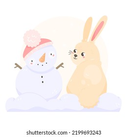 Cute rabbit with a snowman in cartoon style. 2023 is the year of the rabbit. A hare in the snow cute children's illustration. Vector illustration of an animal character.