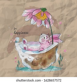 A cute rabbit is soaked in a comfy seed in an old vintage paper style.