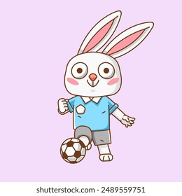 Cute rabbit soccer player animal kawaii chibi character mascot illustration outline style design set