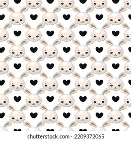 Cute rabbit, soft toy bunny and heart. Seamless background, vector illustration in cartoon style. Beige, brown and black colors, minimalism. For fabric, paper, covers and web.