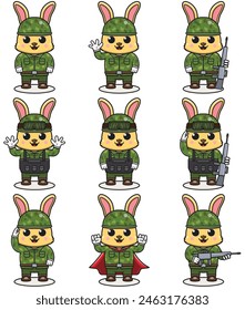 Cute Rabbit soldier in camouflage uniform. Cartoon funny Rabbit soldier character with helmet and green uniform in different positions. Funny Animal illustration Set.