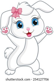 Cute rabbit with spread hands and a pink bow in hair.