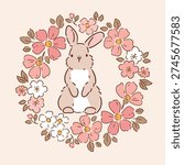 Cute rabbit with spring floral wreath. Hand drawn vector clipart. Easter bunny on isolated background. 