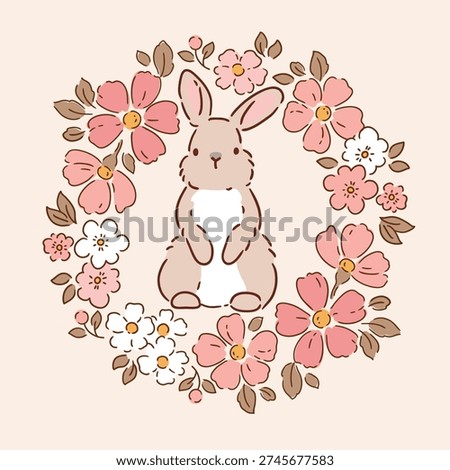Cute rabbit with spring floral wreath. Hand drawn vector clipart. Easter bunny on isolated background. 