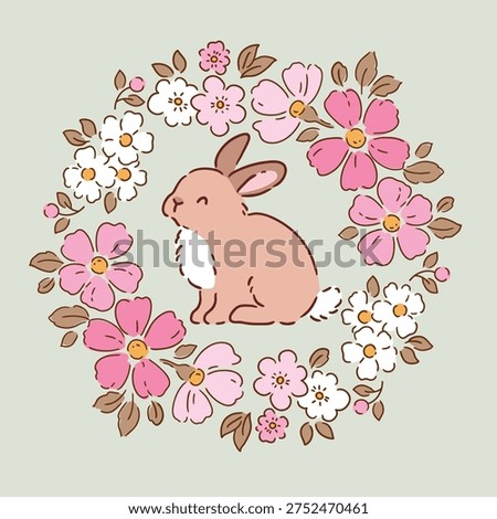Cute rabbit with spring floral wreath. Hand drawn vector clipart. Easter bunny on isolated background. 