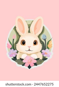 Cute rabbit with spring flowers on the pink background 