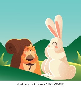 cute rabbit and squirrel with acorn cartoon animal vector illustration