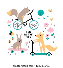 Cute rabbit, squirrel, fox. Bike, scooter, skateboard. Fun in the park. Great for kids apparel, nursery decoration. Vector Illustration