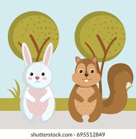 cute rabbit and squirrel wild animals forest landscape tree