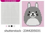 Cute rabbit squishmallow. Color by number. Pixel coloring book. Numbered squares. Game for kids. Pixel art. Isolated vector illustration