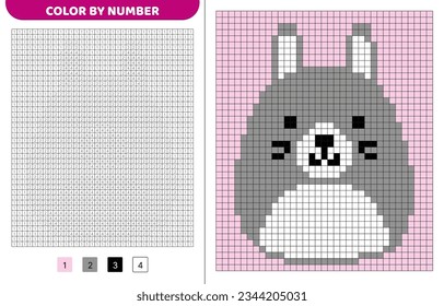 Cute rabbit squishmallow. Color by number. Pixel coloring book. Numbered squares. Game for kids. Pixel art. Isolated vector illustration