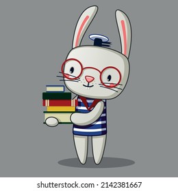 conejo lindo con un montón de libros en sus manos