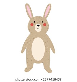 Cute rabbit in standing position. Forest character in cartoon style for kids design. Woodland animal isolated on white background. Vector illustration