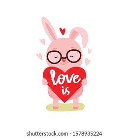 Cute rabbit stands and holds heart with text love you. Vector flat illustration in scandinavian style.