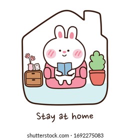 Cute rabbit stay at home preventing from corona virus covid-19. Baby bunny reading book on sofa. Cute cartoon character design. Animal doodle background. Hand drawn. Vector. Illustration.