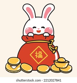 Cute rabbit stay in lucky red bag with gold coin.Chinese new year concept.Animal character cartoon hand drawn.Kawaii.Vector.Illustration.