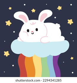 Alojamiento de conejo en el arco iris de la nube con estrellas en el fondo del cielo nocturno.Diseño de carácter animal.Gráfico de bebé.Kawaii.Vector.Ilustración.