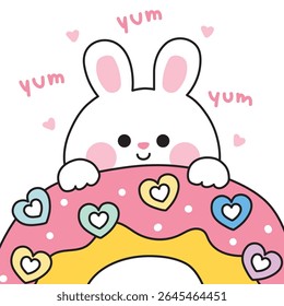 Cute rabbit stay on heart candy strawberry flavor donut.Sweet and dessert.Bakery.Rodent animal character cartoon design.Kawaii.Vector.Illustration.