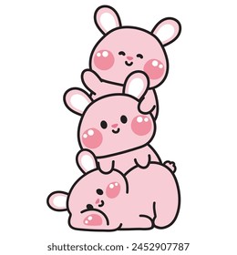 Cute rabbit stay on top each other greeting.Rodent bunny animal character cartoon design.Image for card,poster,sticker,baby clothing,t shirt print screen.Relax.Lay.Kawaii.Vector.Illustration.