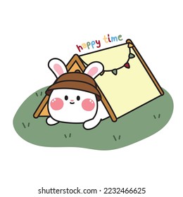 Cute rabbit stay in tent on the ground with happy time text.Jungle.Forest.Camping concept.Animal character cartoon design.Kawaii.Vector.Illustration.