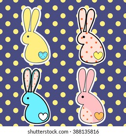 Cute rabbit stickers on polka dot background.