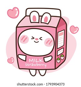 Cute rabbit in strawberry milk box Bunny cartoon Animal character design Image for card baby product sticker Kawaii Vector Illustration 