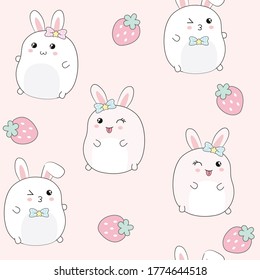 Cute rabbit with strawberry seamless pattern for wallpaper, web page background, textile design, graphic design.