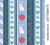 Cute rabbit and strawberry seamless vector pattern with floral stripes spring design.