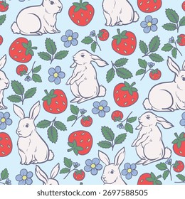 Niedliches Kaninchen und Erdbeere nahtloses Vektormuster mit floralen Streifen Federdesign.