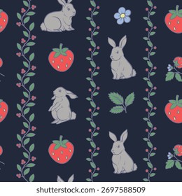 Cute rabbit and strawberry seamless vector pattern with floral stripes spring design.