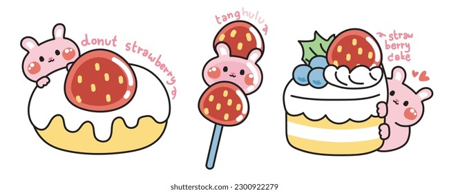 Cute rabbit with strawberry sweet cartoon on white background.Bunny.Dessert hand drawn collections.Pet animal character design.Donut,cake,strawberry sugar.Meow lover.Kawaii.Vector.Illustration.