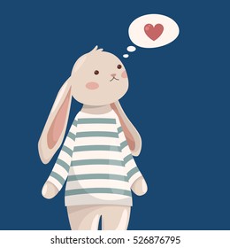 Cute rabbit in striped sweater thinking. Above the head of his heart in a cloud. Vector illustration. Suitable for prints