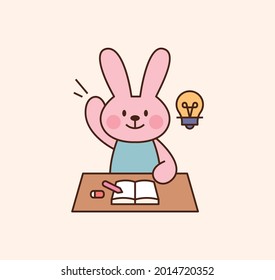 Cute rabbit student character. The rabbit is sitting at the desk in the classroom and raising hands. outline simple vector illustration.