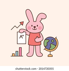 Cute rabbit student character. A rabbit is standing holding a test paper. outline simple vector illustration.