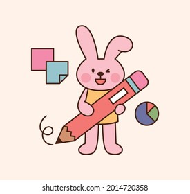 Cute rabbit student character. A rabbit is standing with a large pencil. outline simple vector illustration.