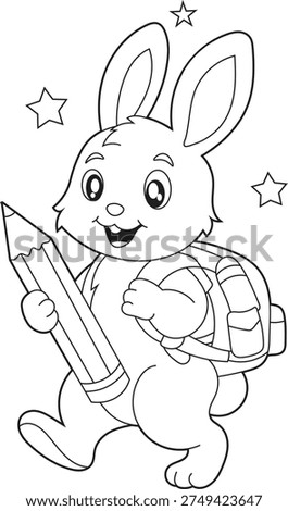 Cute Rabbit Student Coloring Page for Kids. Simple Cartoon Bunny with School Backpack