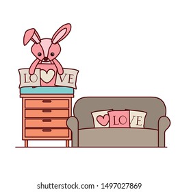 cute rabbit of stuffed with heart love pillows in livingroom