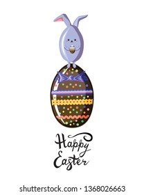 Cute rabbit in style kawaii standing on the top of chokolate egg  with written  easter lettering phrase. Happy  Easter greeting card, poster with fun cartoon animal isolated on white. Flat vector 