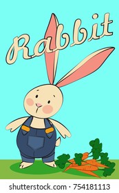 Cute rabbit in a suit with a carrot.Children illustration for school books and much more. 