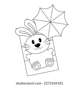Cute Rabbit Sonnenbaden auf einer Strandmatte mit einem Regenschirm auf Schwarz-Weiß