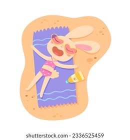 Cute rabbit sunbathing vector illustration. Cartoon isolated beach vacation scene, top view of funny bunny in sunglasses and swimsuit lying on blanket to chill, sunbathe and relax under summer hot sun