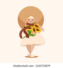 Cute rabbit with sunflowers, isolated on beige background. Vector flat illustration. Animal summer character