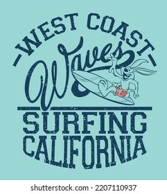 Cute rabbit surfer California wave rider vector print for children wear 