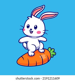 Cute Rabbit Surfing With Carrot Cartoon Vector Icon Illustration. Animal Food Icon Concept Isolated Premium Vector. Flat Cartoon Style