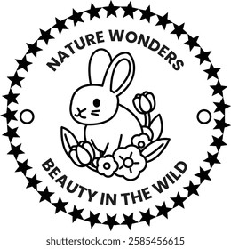 A cute rabbit is surrounded by flowers and stars in the style of sign illustrations