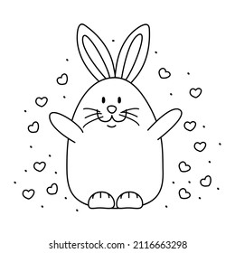 Cute rabbit surrounded by hearts. Valentine's Day. Vector illustration hand drawn in doodle style.
