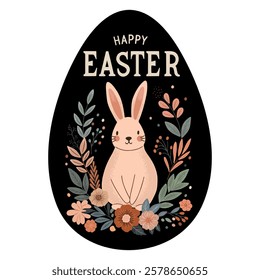 Cute rabbit surrounded by meadow flowers and leaves on a dark background. Lettering Happy Easter. Vector illustration for Easter designs.