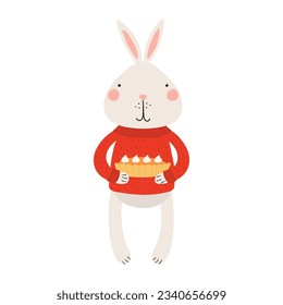 Cute rabbit in sweater holding pumpkin pie character illustration. Hand drawn animal, Scandinavian style flat design, isolated vector. Kids autumn, fall print, element, seasonal activity
