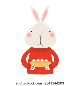 Cute rabbit in sweater holding pumpkin pie character illustration. Hand drawn animal, Scandinavian style flat design, isolated vector. Kids autumn, fall print, element, seasonal activity