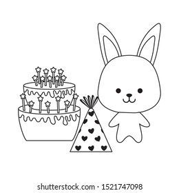 cute rabbit with sweet cake and hat party vector illustration design